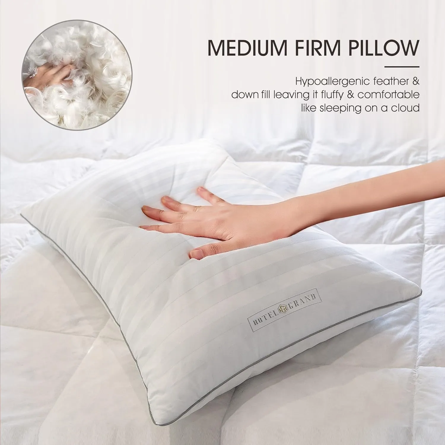 Hotel Grand Fluffy Feather Down Pillow 100% Cotton Queen Size Pillow Set of 2 Pack Medium Firm Hypoallergenic Pillows for Back/Side Sleeper Bed Pillows,20"x28"(Pack of 2)
