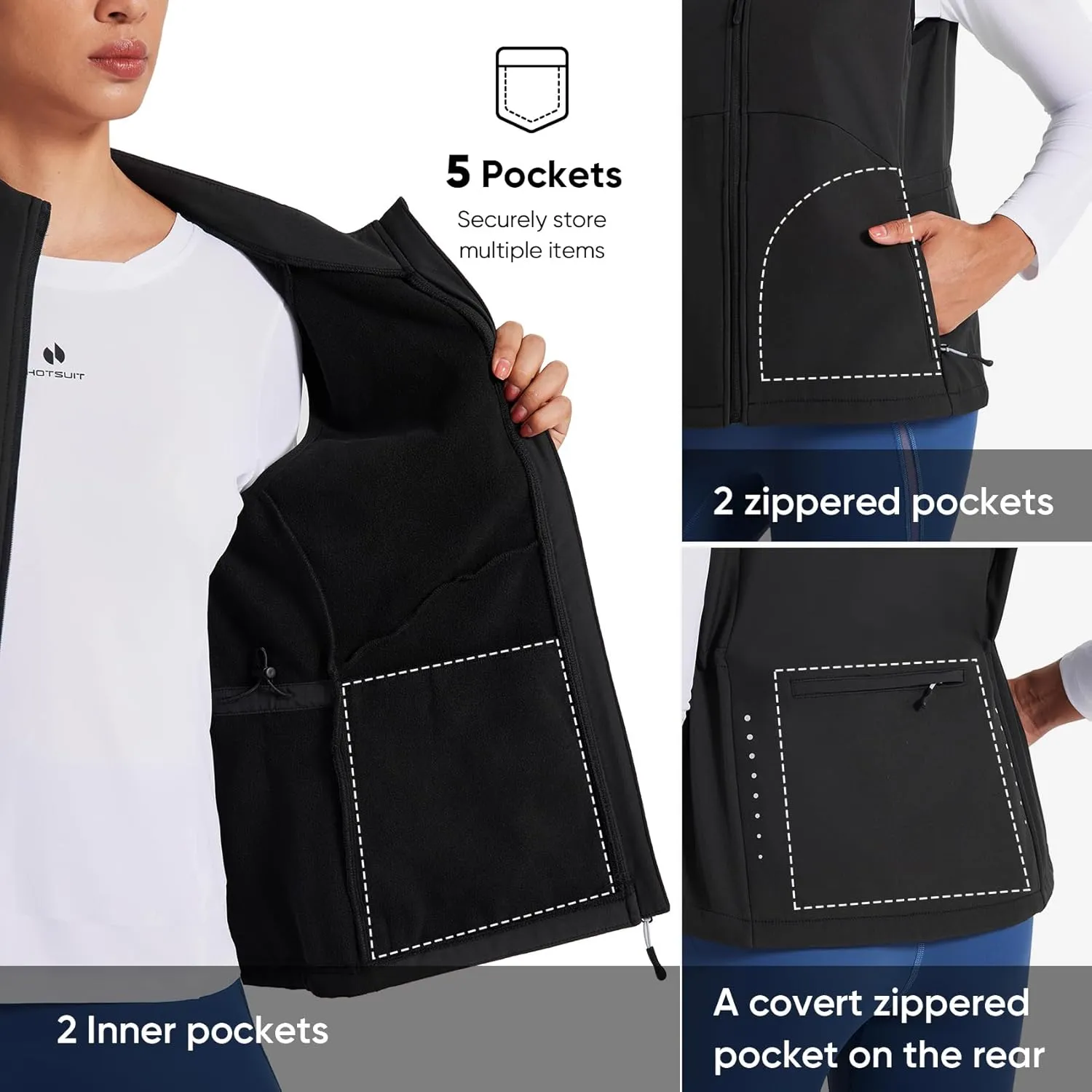 HOTSUIT Women’s Lightweight Vest with 5 Pockets Windproof Sleeveless Jacket for Hiking Golf Vest, Black, M