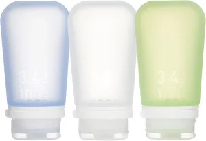 humangear GoToob  3-Pack (Large) | Refillable Silicone Travel Bottle | Locking Lid | Food-Safe Material, Clear/Green/Blue, Large (3.4 fl.oz.; 100ml)