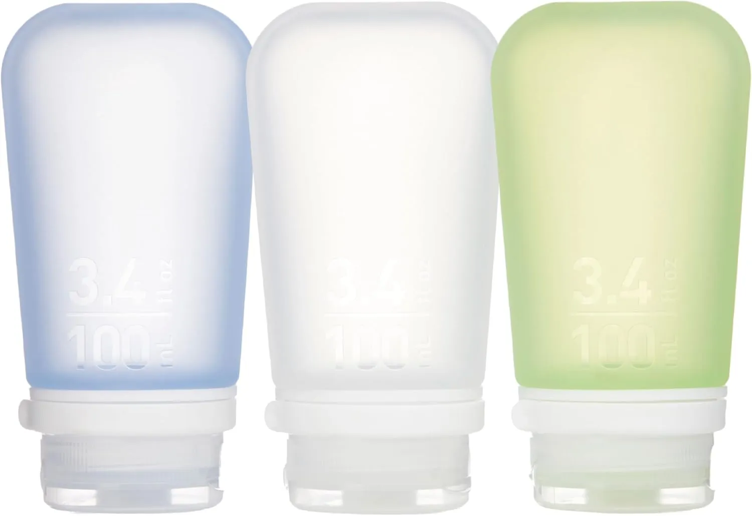 humangear GoToob  3-Pack (Large) | Refillable Silicone Travel Bottle | Locking Lid | Food-Safe Material, Clear/Green/Blue, Large (3.4 fl.oz.; 100ml)