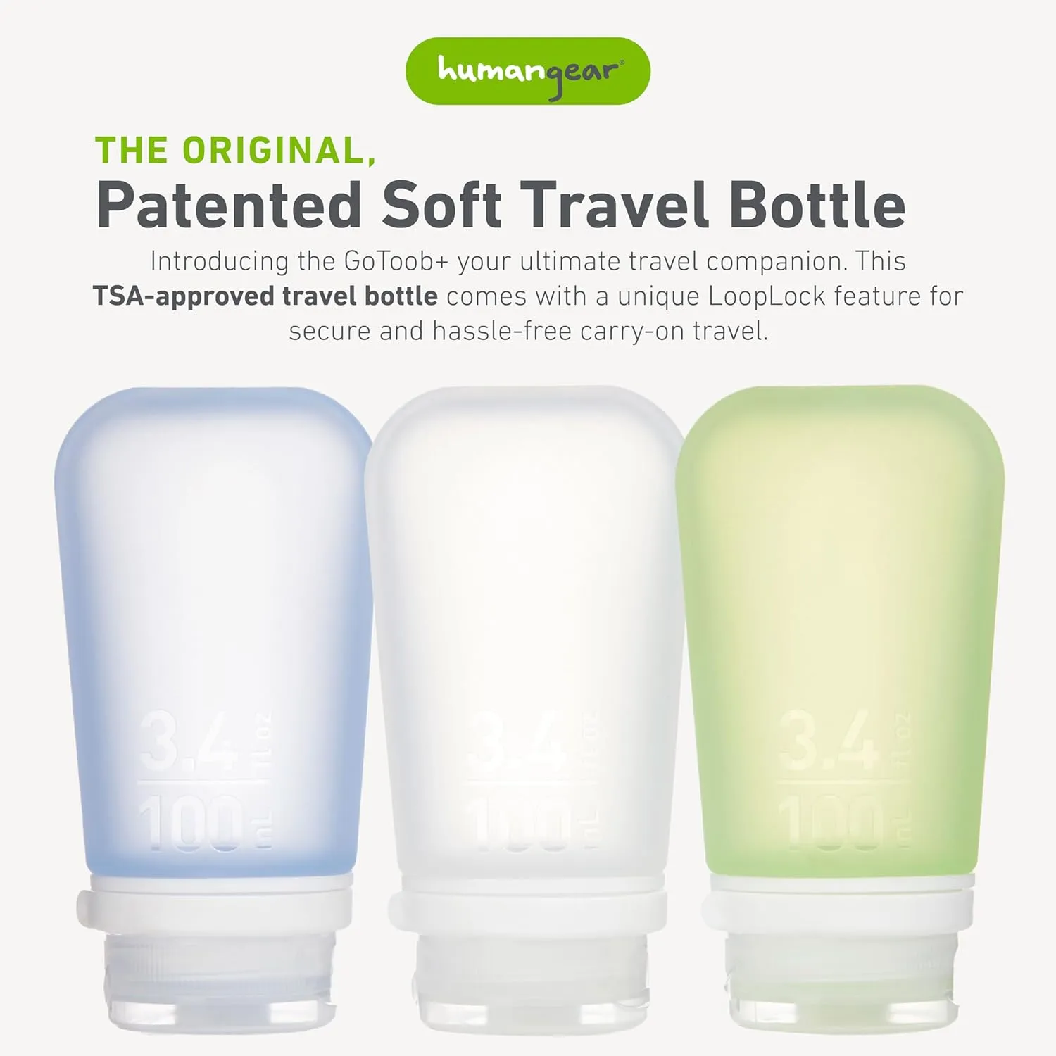 humangear GoToob  3-Pack (Large) | Refillable Silicone Travel Bottle | Locking Lid | Food-Safe Material, Clear/Green/Blue, Large (3.4 fl.oz.; 100ml)