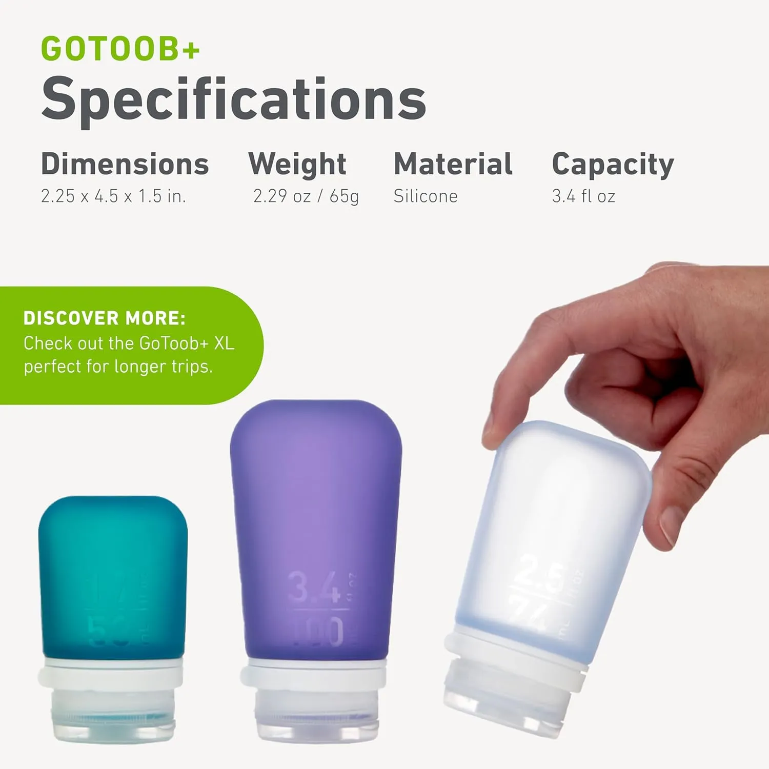 humangear GoToob  3-Pack (Large) | Refillable Silicone Travel Bottle | Locking Lid | Food-Safe Material, Clear/Green/Blue, Large (3.4 fl.oz.; 100ml)