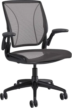 Humanscale Diffrient World Office Task Desk Chair - Adjustable Duron Arms - Black Frame Black Pinstripe Back and Seat Mesh W11BN10N10 - Carpet Casters
