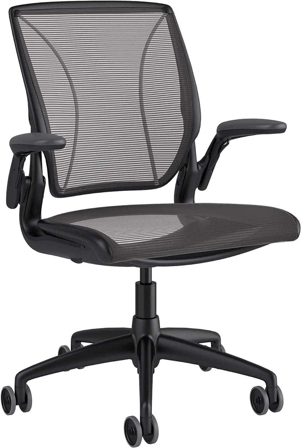 Humanscale Diffrient World Office Task Desk Chair - Adjustable Duron Arms - Black Frame Black Pinstripe Back and Seat Mesh W11BN10N10 - Carpet Casters