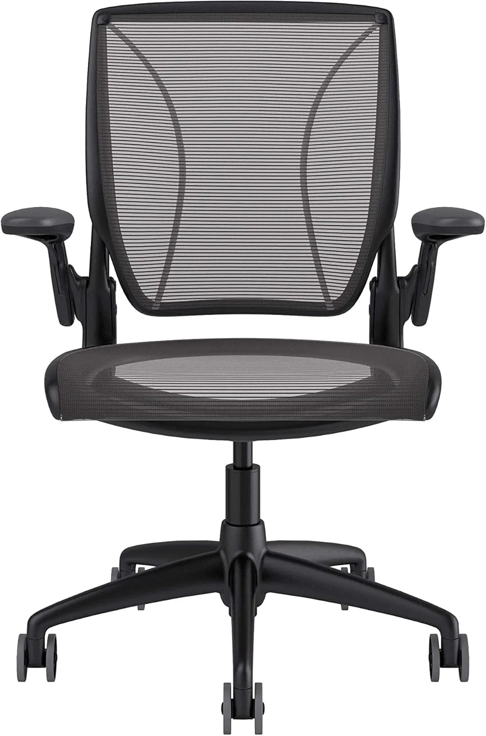 Humanscale Diffrient World Office Task Desk Chair - Adjustable Duron Arms - Black Frame Black Pinstripe Back and Seat Mesh W11BN10N10 - Carpet Casters