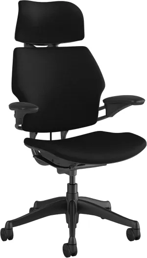 Humanscale Freedom Office Chair with Headrest - Ergonomic Work Chair with Advanced Highly Adjustable Duron Arms and Gel Seat - Wheels for Hard Flooring - Black Fourtis Fabric