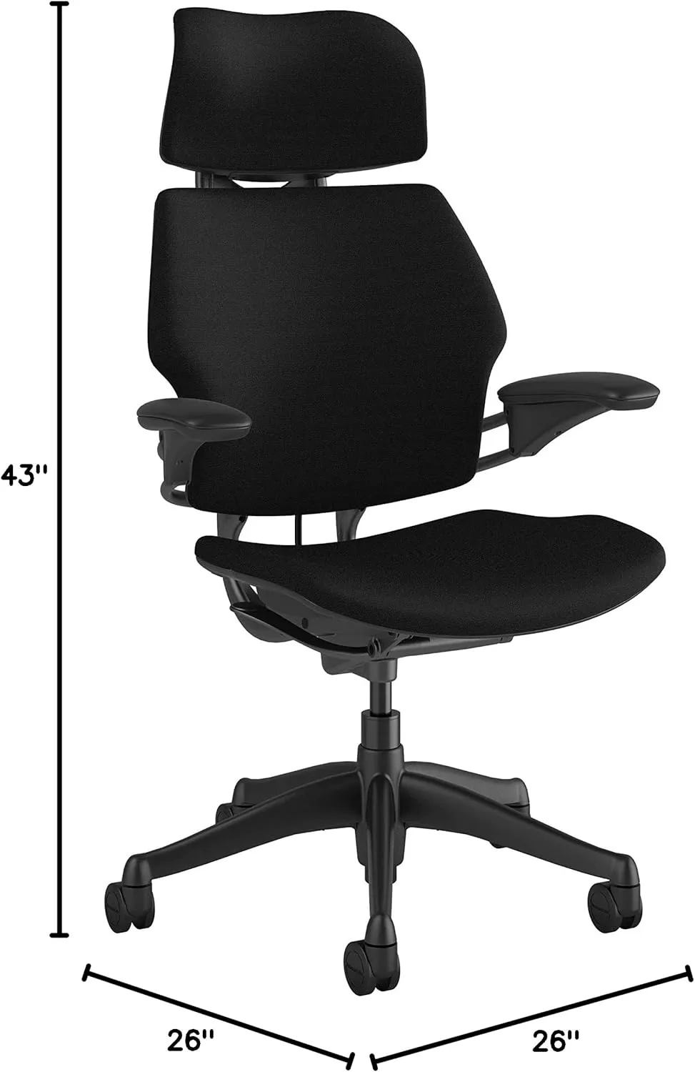Humanscale Freedom Office Chair with Headrest - Ergonomic Work Chair with Advanced Highly Adjustable Duron Arms and Gel Seat - Wheels for Hard Flooring - Black Fourtis Fabric