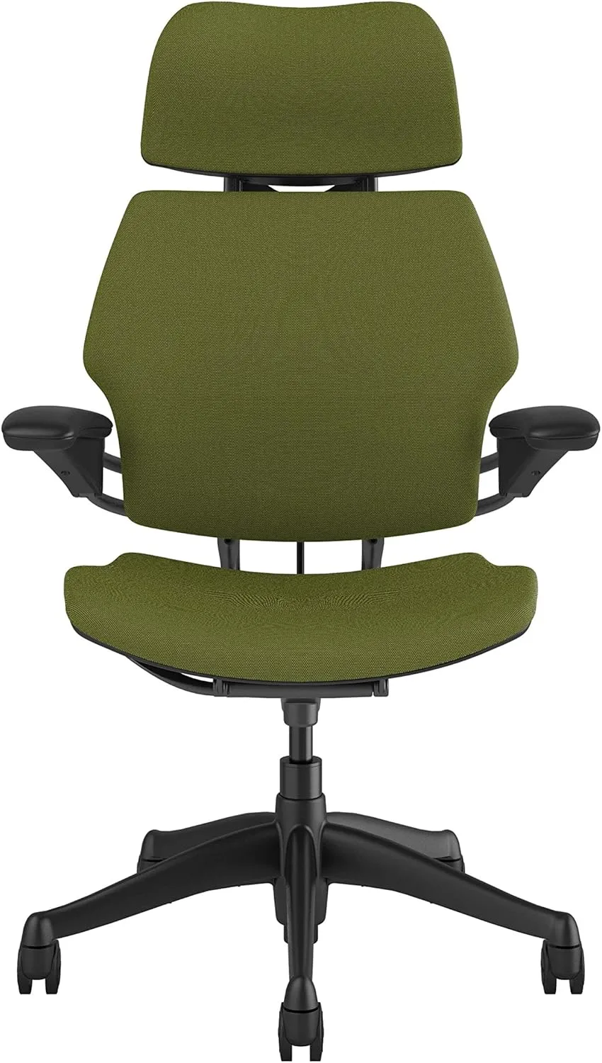 Humanscale Freedom Office Chair with Headrest - Ergonomic Work Chair with Advanced Highly Adjustable Duron Arms and Gel Seat - Wheels for Hard Flooring - Clover Green Fourtis Fabric