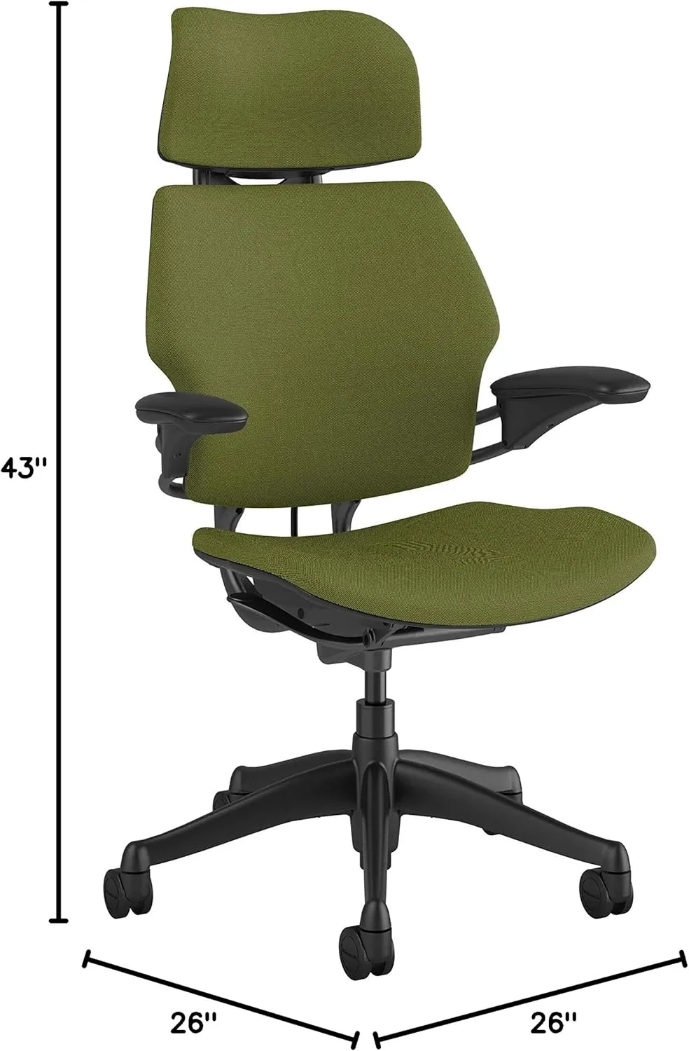Humanscale Freedom Office Chair with Headrest - Ergonomic Work Chair with Advanced Highly Adjustable Duron Arms and Gel Seat - Wheels for Hard Flooring - Clover Green Fourtis Fabric