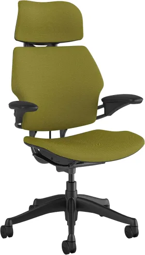 Humanscale Freedom Office Chair with Headrest - Ergonomic Work Chair with Standard Height Adjustable Duron Arms - Wheels for Carpet - Graphite Frame with Alaria Green Fourtis Fabric