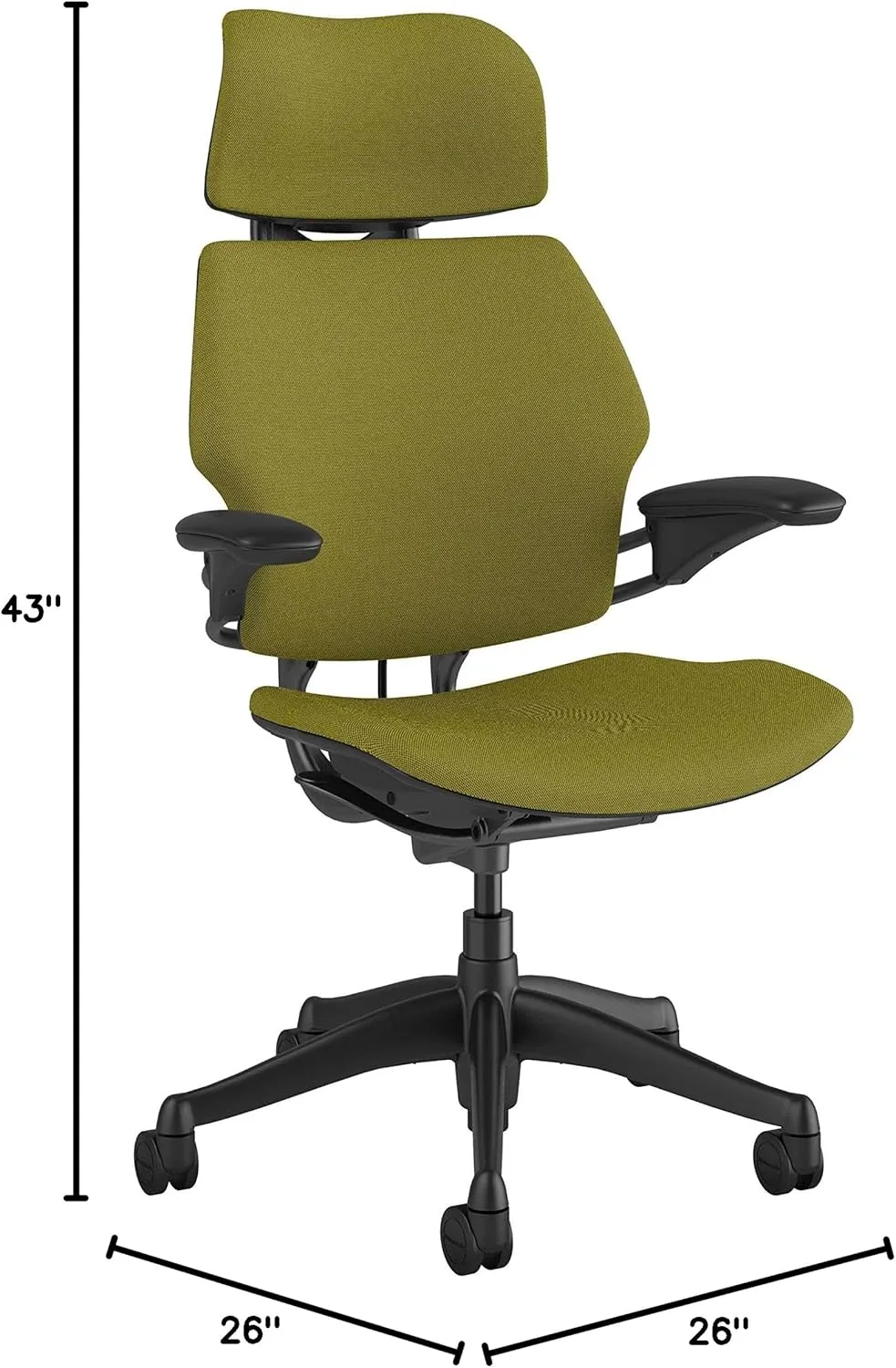 Humanscale Freedom Office Chair with Headrest - Ergonomic Work Chair with Standard Height Adjustable Duron Arms - Wheels for Carpet - Graphite Frame with Alaria Green Fourtis Fabric