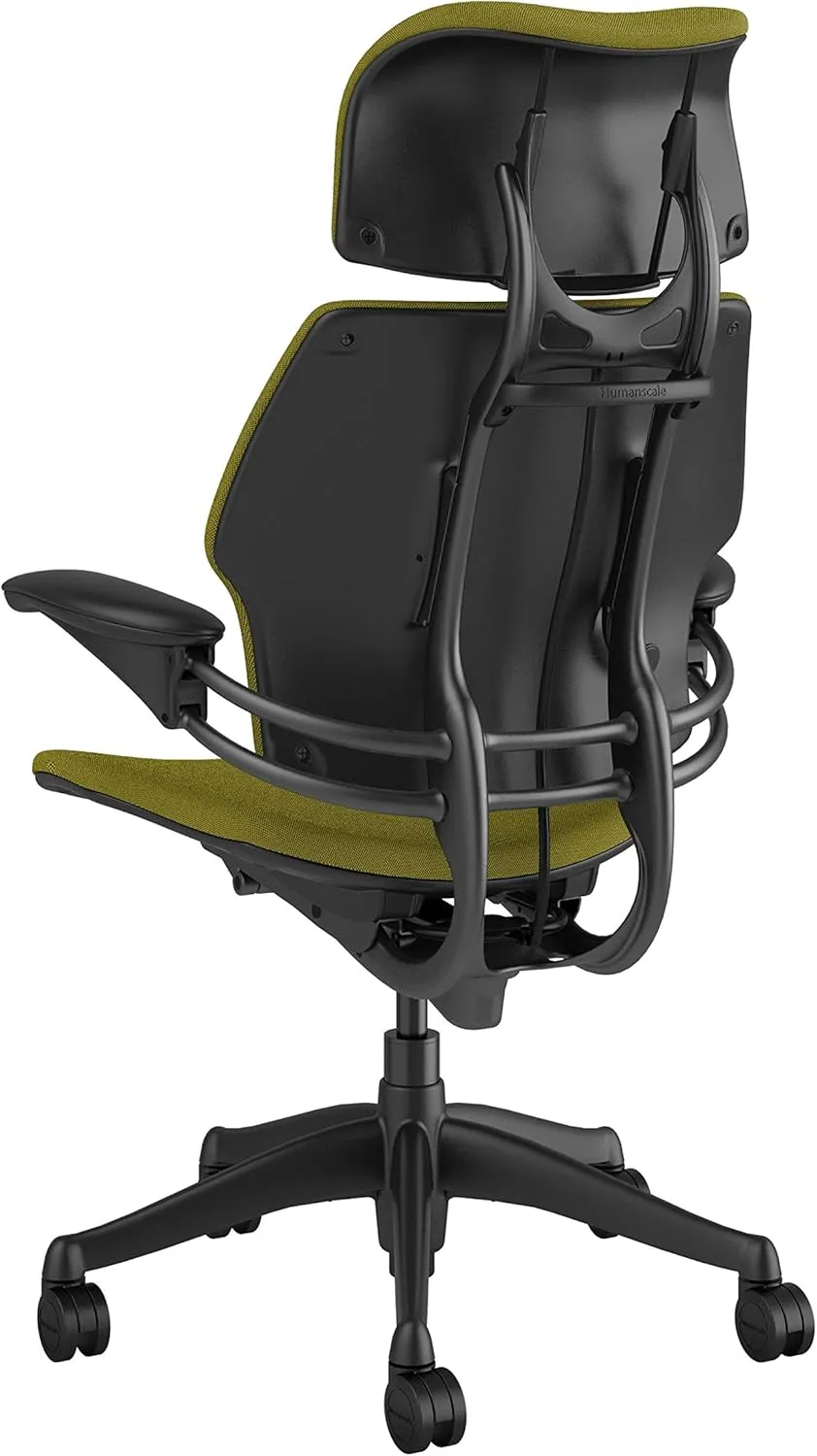 Humanscale Freedom Office Chair with Headrest - Ergonomic Work Chair with Standard Height Adjustable Duron Arms - Wheels for Carpet - Graphite Frame with Alaria Green Fourtis Fabric