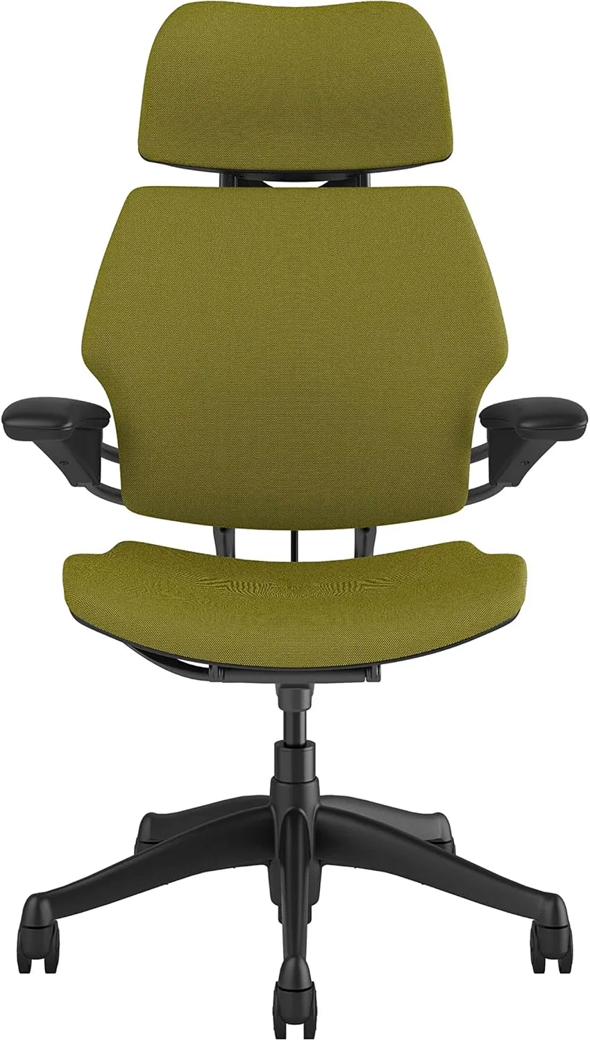 Humanscale Freedom Office Chair with Headrest - Ergonomic Work Chair with Standard Height Adjustable Duron Arms - Wheels for Carpet - Graphite Frame with Alaria Green Fourtis Fabric