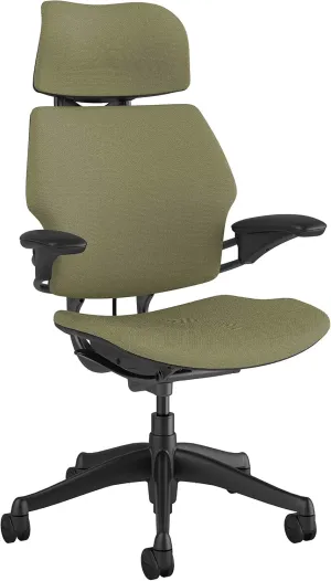 Humanscale Freedom Office Chair with Headrest - Ergonomic Work Chair with Standard Height Adjustable Duron Arms - Wheels for Carpet - Graphite Frame with Ash Fourtis Fabric