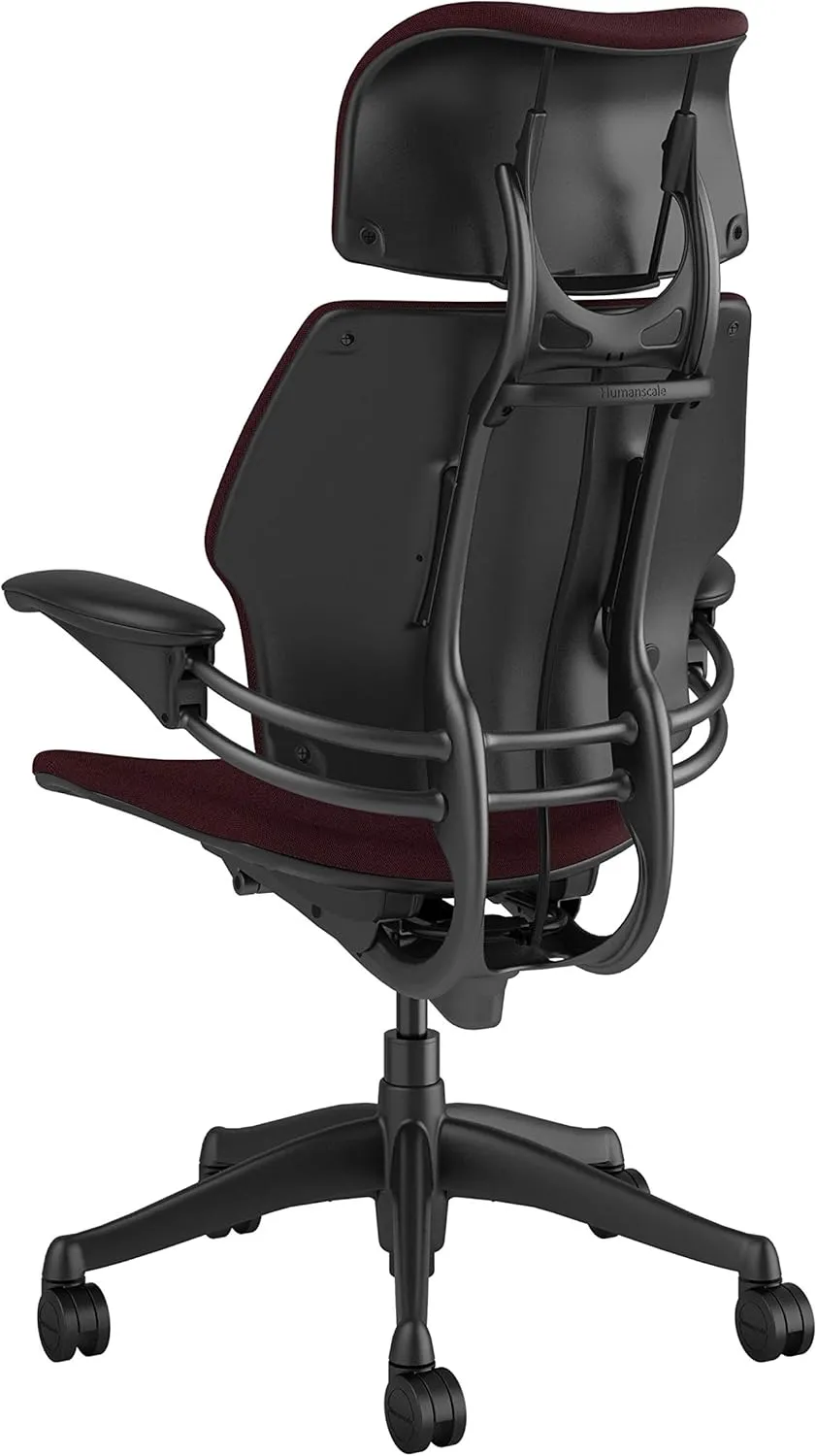 Humanscale Freedom Office Chair with Headrest - Ergonomic Work Chair with Standard Height Adjustable Duron Arms - Wheels for Carpet - Graphite Frame with Boysenberry Red Fourtis Fabric