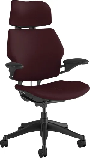 Humanscale Freedom Office Chair with Headrest - Ergonomic Work Chair with Standard Height Adjustable Duron Arms - Wheels for Carpet - Graphite Frame with Boysenberry Red Fourtis Fabric