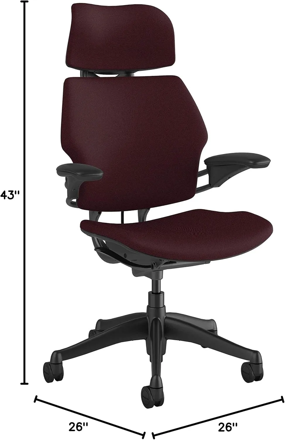 Humanscale Freedom Office Chair with Headrest - Ergonomic Work Chair with Standard Height Adjustable Duron Arms - Wheels for Carpet - Graphite Frame with Boysenberry Red Fourtis Fabric