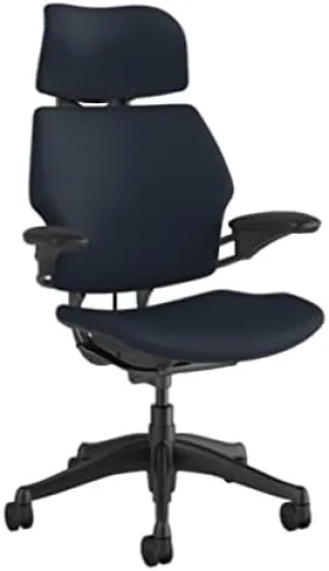 Humanscale Freedom Office Chair with Headrest - Ergonomic Work Chair with Standard Height Adjustable Duron Arms - Wheels for Carpet - Graphite Frame with Navy Lotus Fabric