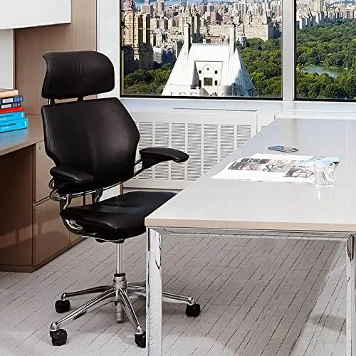 Humanscale Freedom Office Chair with Headrest - Ergonomic Work Chair with Standard Height Adjustable Duron Arms - Wheels for Carpet - Graphite Frame with Navy Lotus Fabric