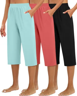 Huukeay 3 Pack Women's Capri Sweatpants, Cozy Wide Legs Cropped Capri with Pockets, Lounge Jogger Pants Workout Yoga Solid