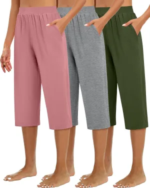 Huukeay 3 Pack Women's Capri Sweatpants, Cozy Wide Legs Cropped Capri with Pockets, Lounge Jogger Pants Workout Yoga Solid