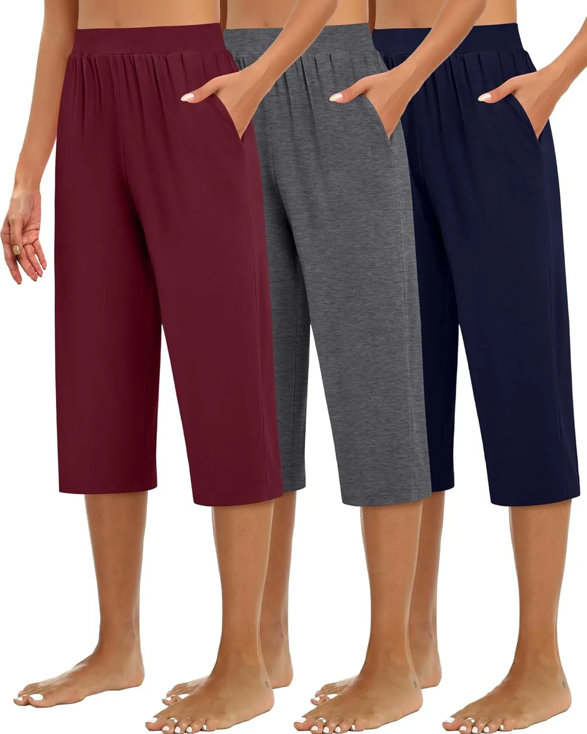 Huukeay 3 Pack Women's Capri Sweatpants, Cozy Wide Legs Cropped Capri with Pockets, Lounge Jogger Pants Workout Yoga Solid