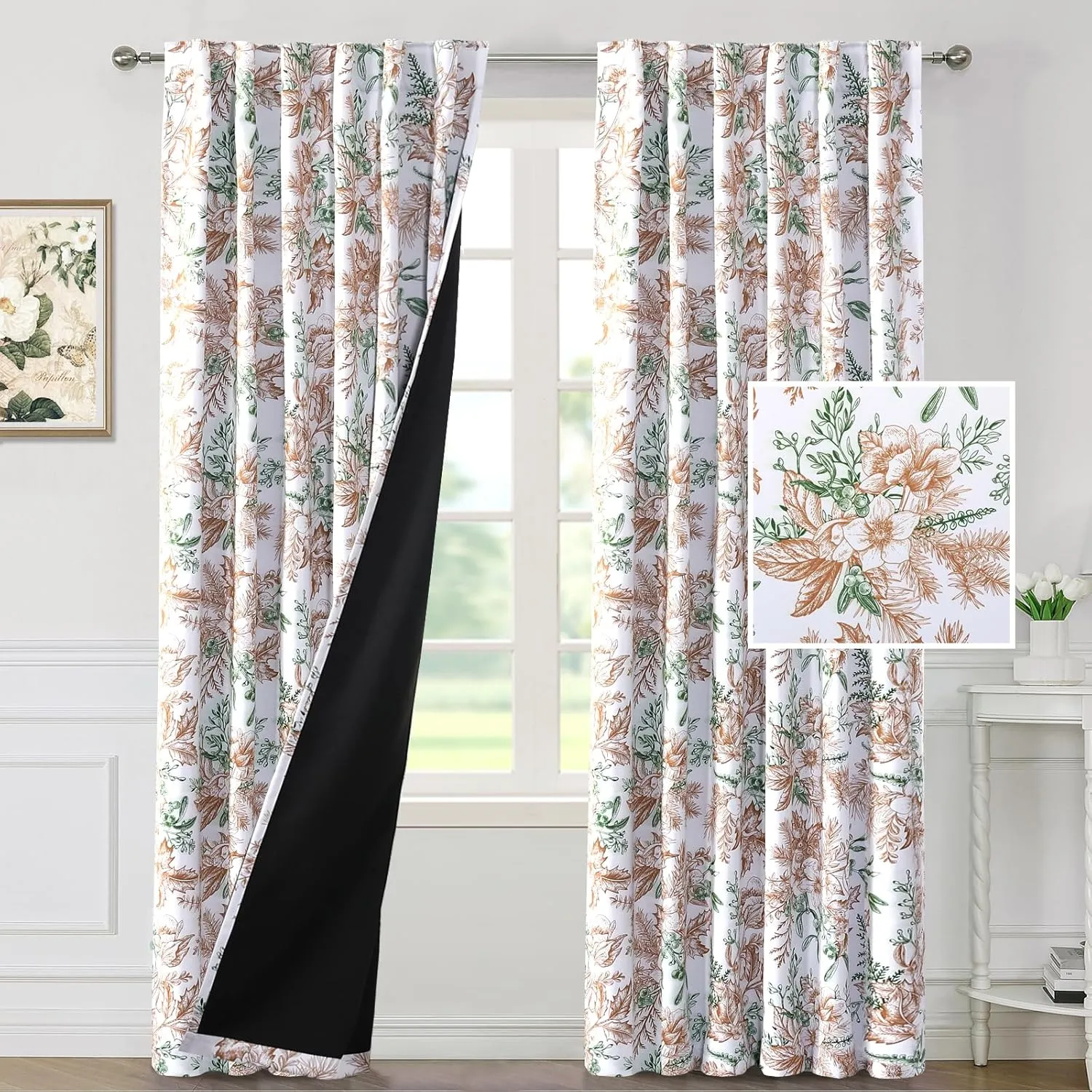 H.VERSAILTEX 100% Blackout Curtains for Bedroom Vintage Floral Printed Drapes 84 Inches Long Full Light Blocking Drapes with Black Liner Back Tab/Rod Pocket Curtains, 2 Panels, Caramel and Moss