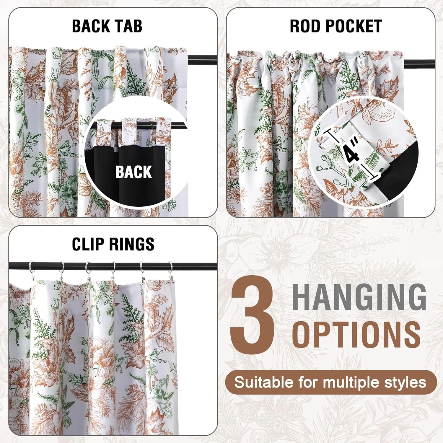 H.VERSAILTEX 100% Blackout Curtains for Bedroom Vintage Floral Printed Drapes 84 Inches Long Full Light Blocking Drapes with Black Liner Back Tab/Rod Pocket Curtains, 2 Panels, Caramel and Moss