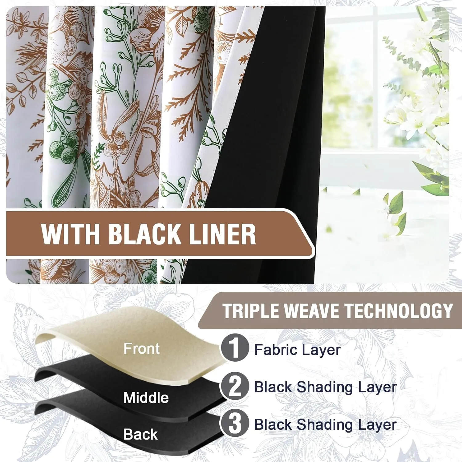 H.VERSAILTEX 100% Blackout Curtains for Bedroom Vintage Floral Printed Drapes 84 Inches Long Full Light Blocking Drapes with Black Liner Back Tab/Rod Pocket Curtains, 2 Panels, Caramel and Moss
