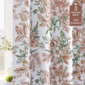 H.VERSAILTEX 100% Blackout Curtains for Bedroom Vintage Floral Printed Drapes 84 Inches Long Full Light Blocking Drapes with Black Liner Back Tab/Rod Pocket Curtains, 2 Panels, Caramel and Moss