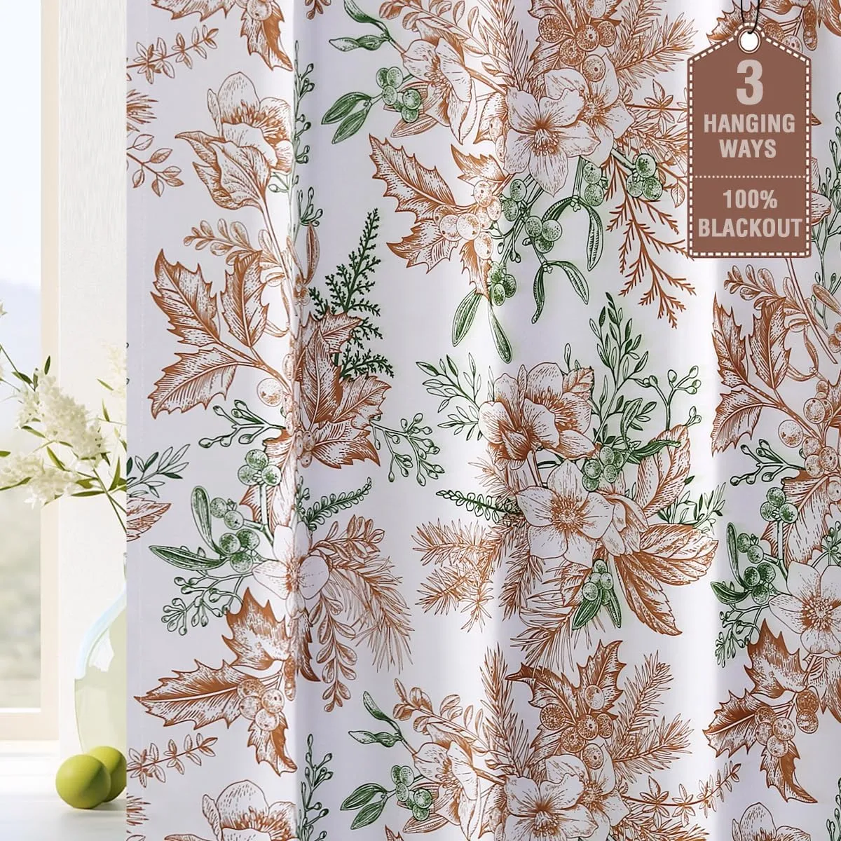 H.VERSAILTEX 100% Blackout Curtains for Bedroom Vintage Floral Printed Drapes 84 Inches Long Full Light Blocking Drapes with Black Liner Back Tab/Rod Pocket Curtains, 2 Panels, Caramel and Moss
