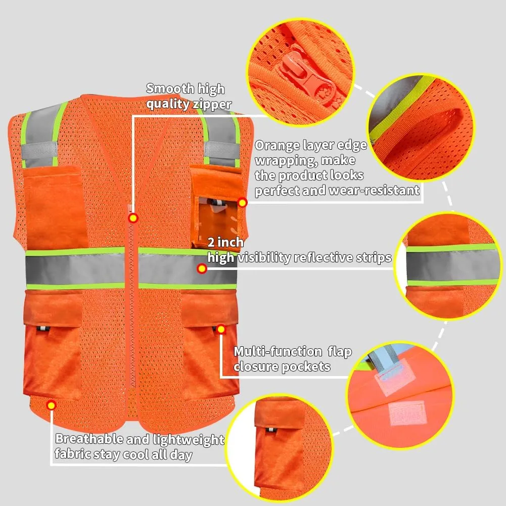 HYCOPROT High Visibility Mesh Safety Reflective Vest with Pockets and Zipper, Meets ANSI/ISEA Standards