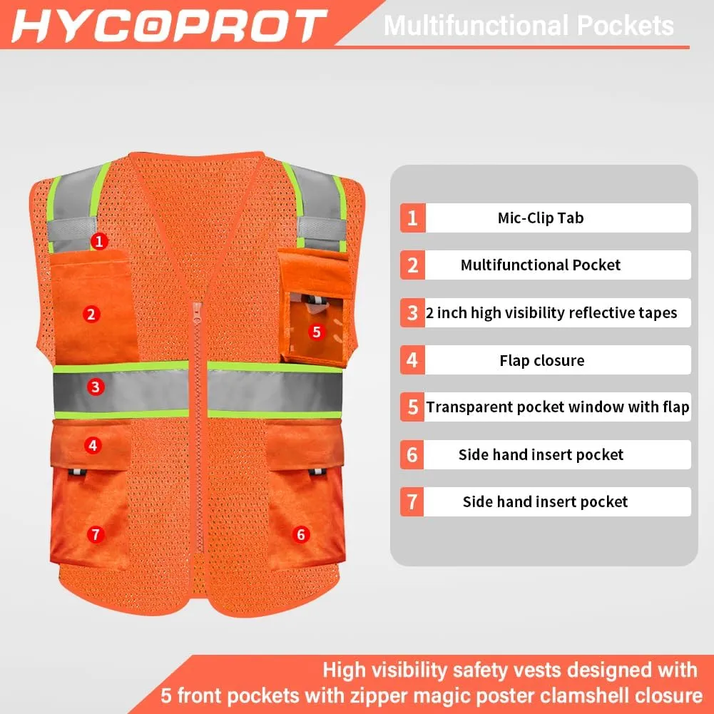 HYCOPROT High Visibility Mesh Safety Reflective Vest with Pockets and Zipper, Meets ANSI/ISEA Standards