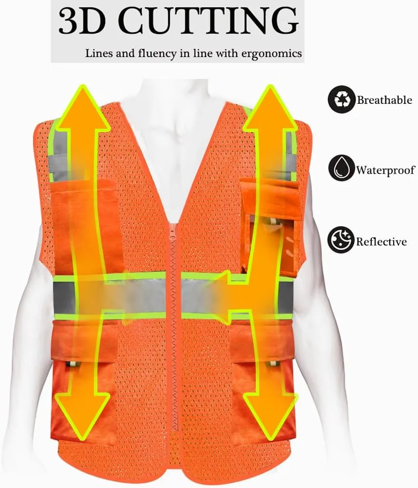 HYCOPROT High Visibility Mesh Safety Reflective Vest with Pockets and Zipper, Meets ANSI/ISEA Standards
