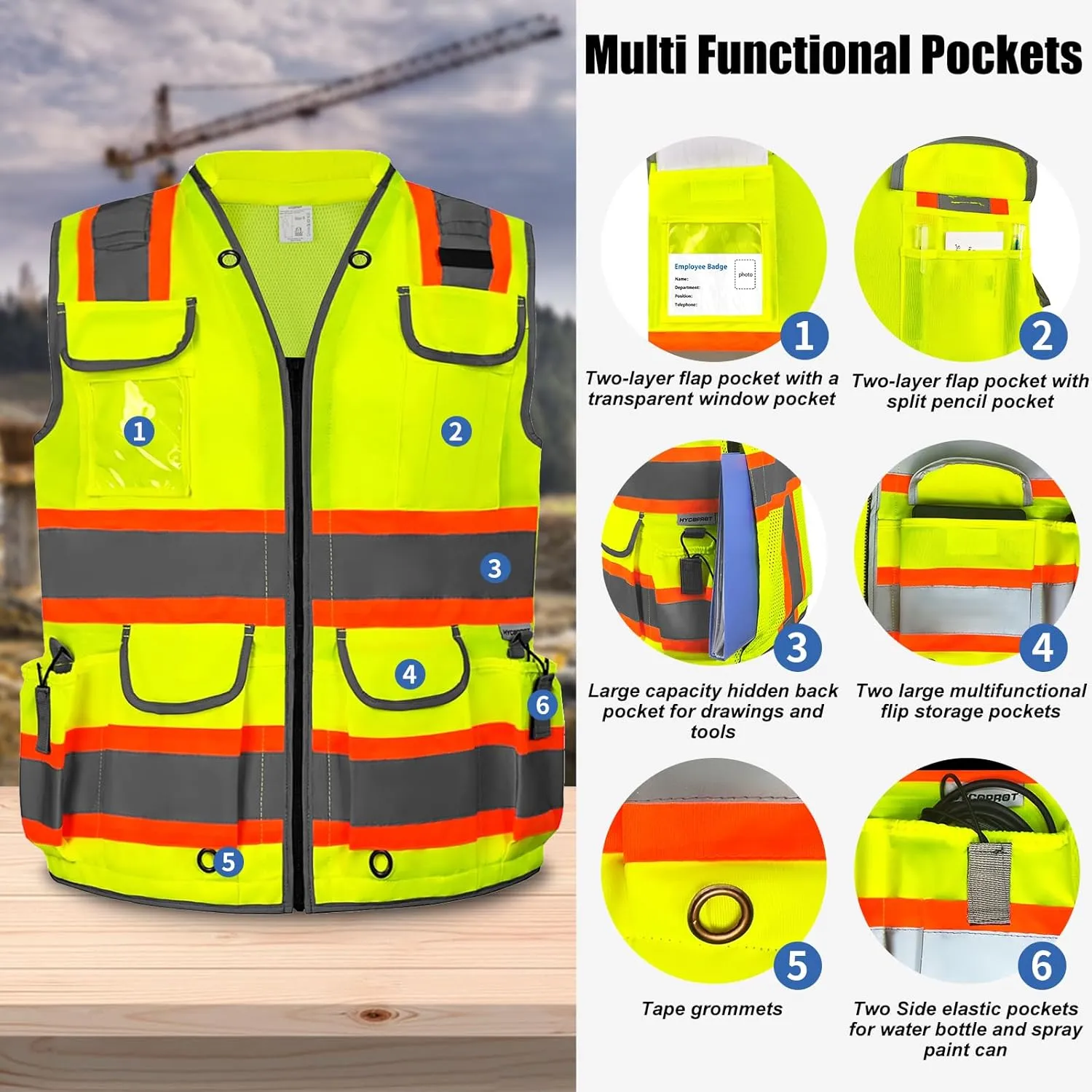 HYCOPROT Reflective Safety Vest Class 2 High Visibility Heavy Duty Padded Neck Construction Vest,Meets ANSI/ISEA Standard