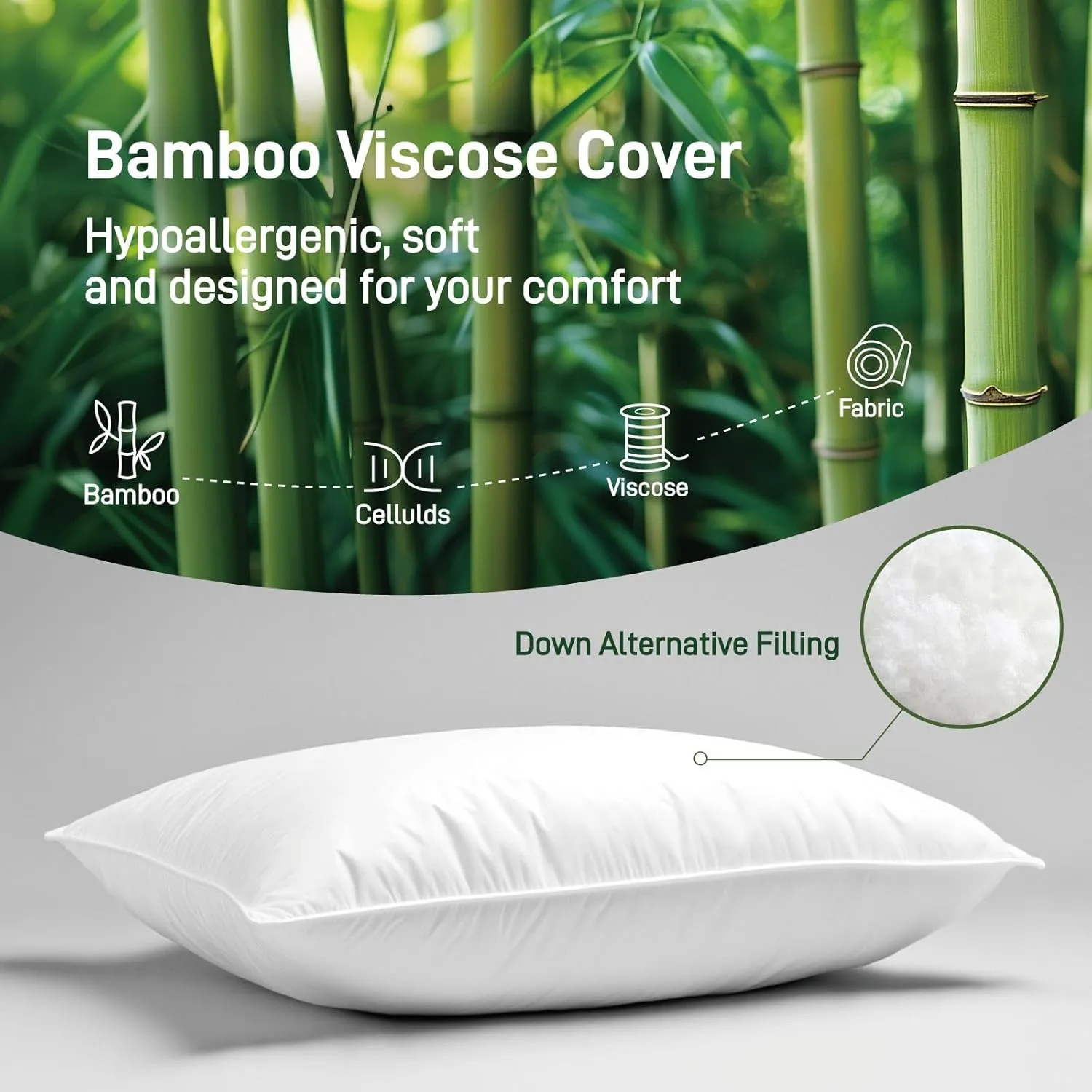 Hypoallergenic Bamboo Viscose Soft Pillows with Down Alternative Filling, Standard/Queen Size Set of 2, Breathable Luxury Hotel Quality for All Sleeper, Oeko-Tex Certified, Machine Washable