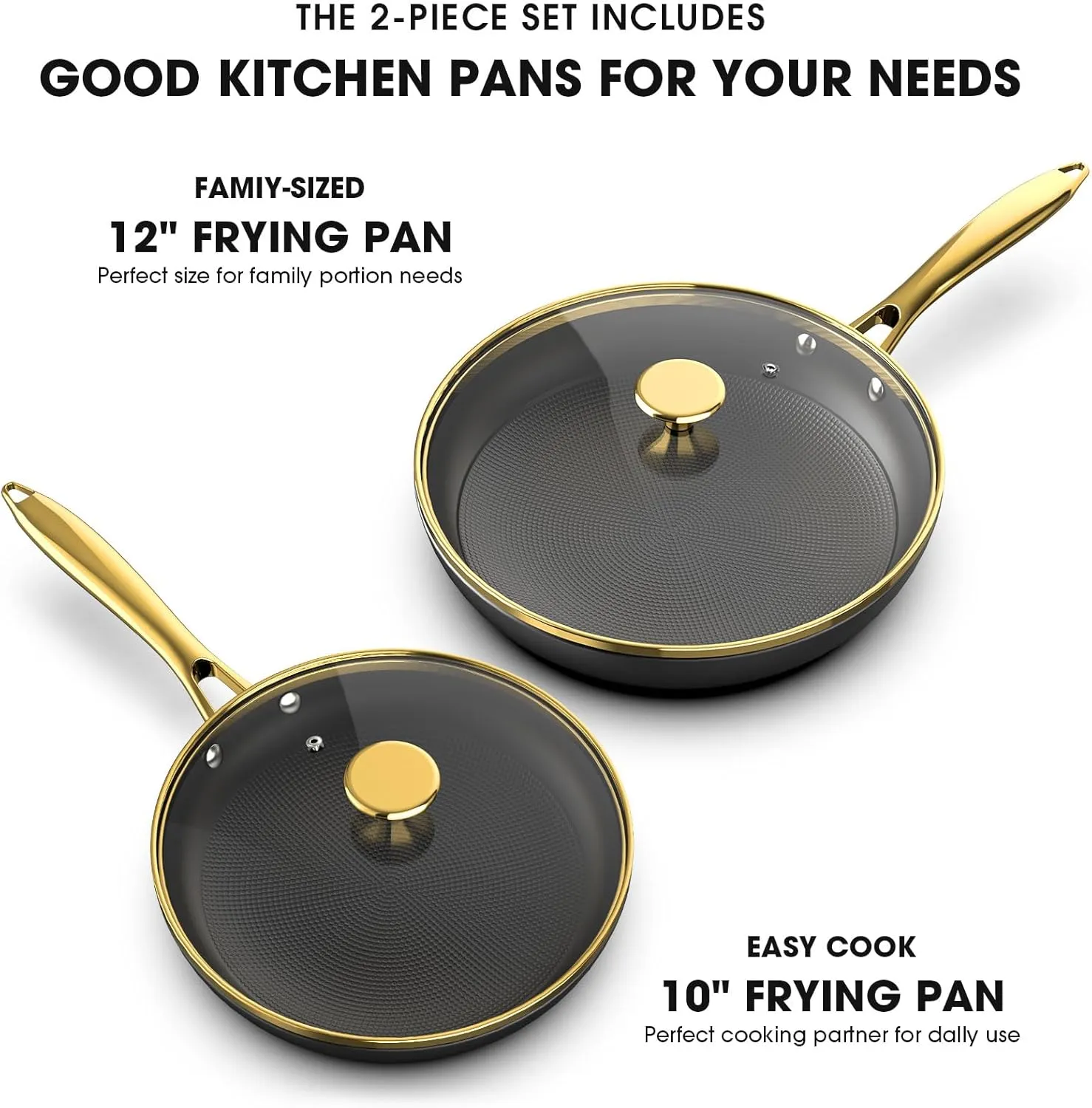 imarku Non Stick Frying Pans, Frying Pan with Lid 2Pcs - 10 Inch and 12 Inch Long Lasting Nonstick Frying Pan Cast Iron Skillets, Frying Pans Nonstick with Lid, Father's Day Gifts