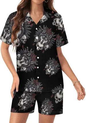 Indian Wolf Women's Satin Pajama Set Short Sleeve Button Down Sleepwear Loungewear Pj Set
