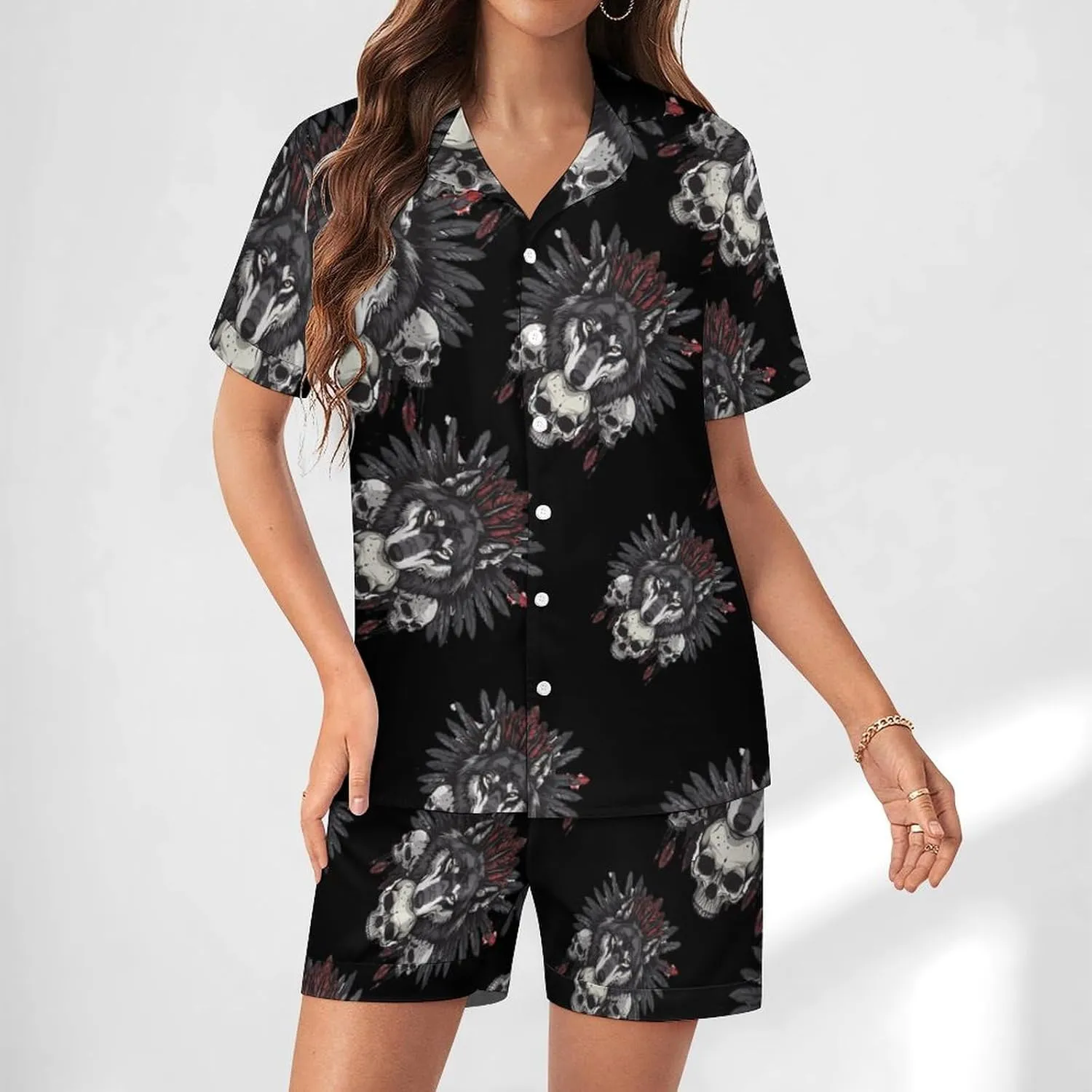 Indian Wolf Women's Satin Pajama Set Short Sleeve Button Down Sleepwear Loungewear Pj Set