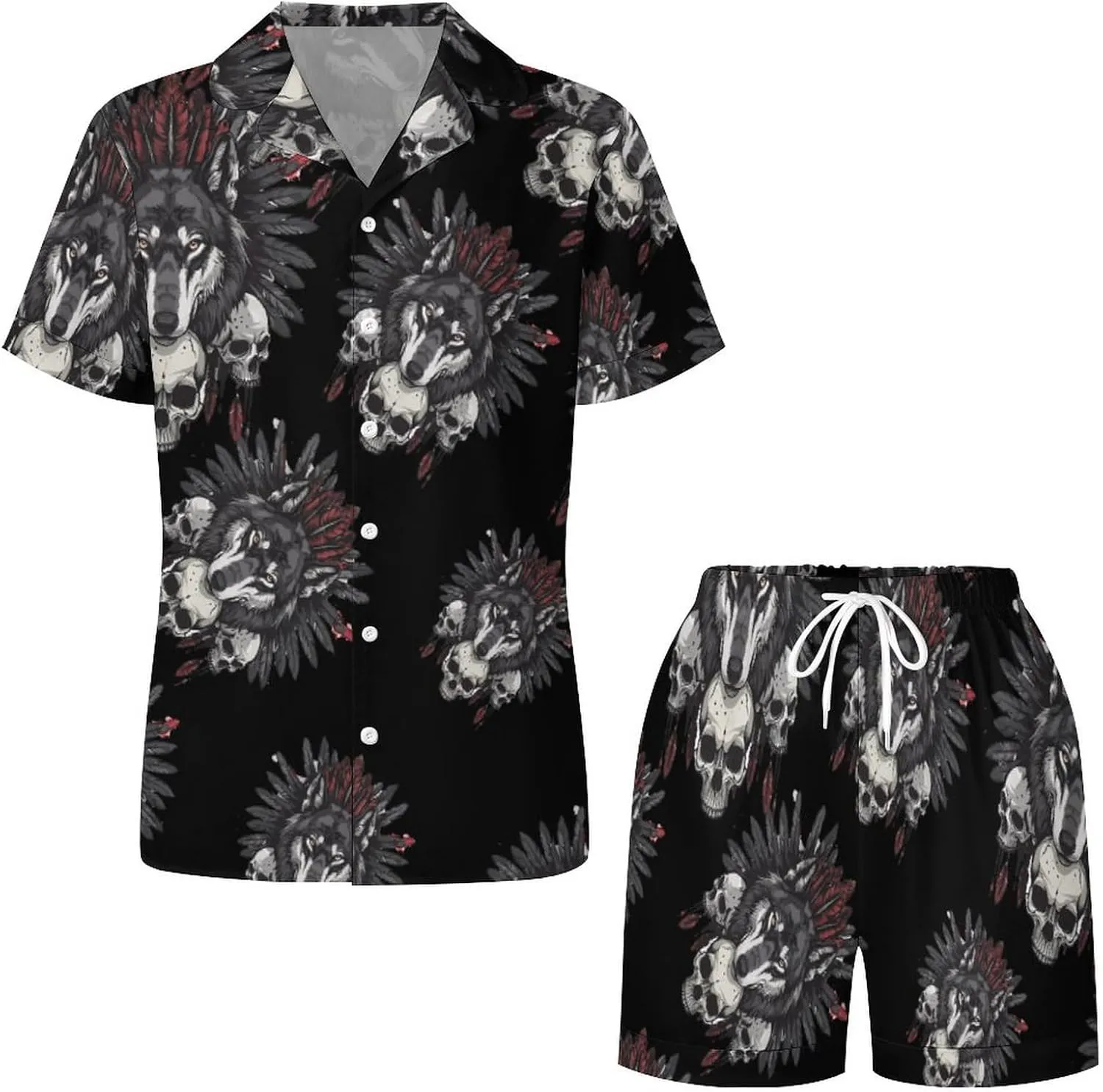 Indian Wolf Women's Satin Pajama Set Short Sleeve Button Down Sleepwear Loungewear Pj Set