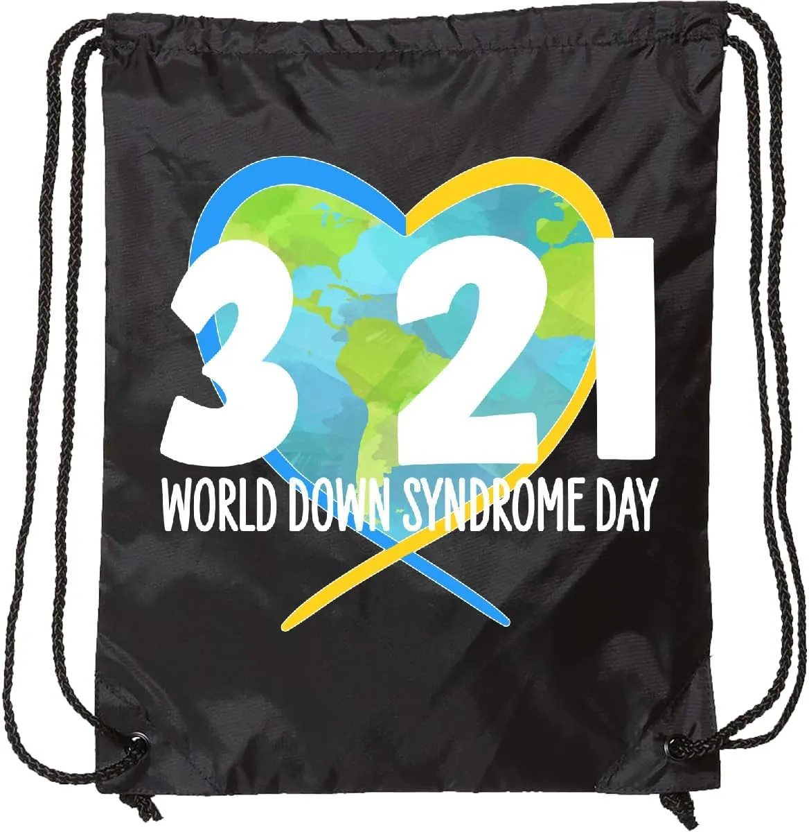 inktastic 3 21 World Down Syndrome Day with Heart Shaped Earth Drawstring Bag Black 3a437
