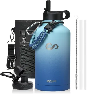 INSPI 64 oz Insulated Water Bottle,1/2 Gallon Water Flask Stainless Steel Vacuum, Large Jug Keep Cold for 48 Hrs,BPA-Free & Leakproof -with Paracord Handle,Strap,Straw Spout Lids for Gym Sports