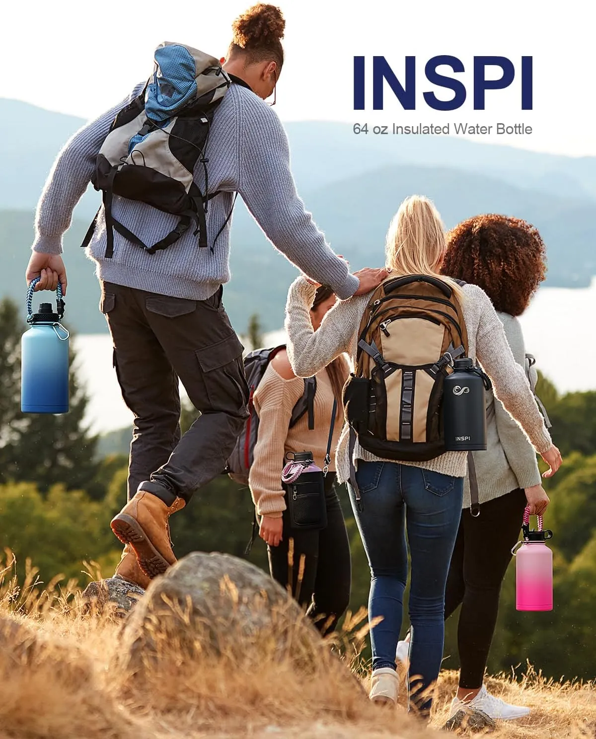 INSPI 64 oz Insulated Water Bottle,1/2 Gallon Water Flask Stainless Steel Vacuum, Large Jug Keep Cold for 48 Hrs,BPA-Free & Leakproof -with Paracord Handle,Strap,Straw Spout Lids for Gym Sports