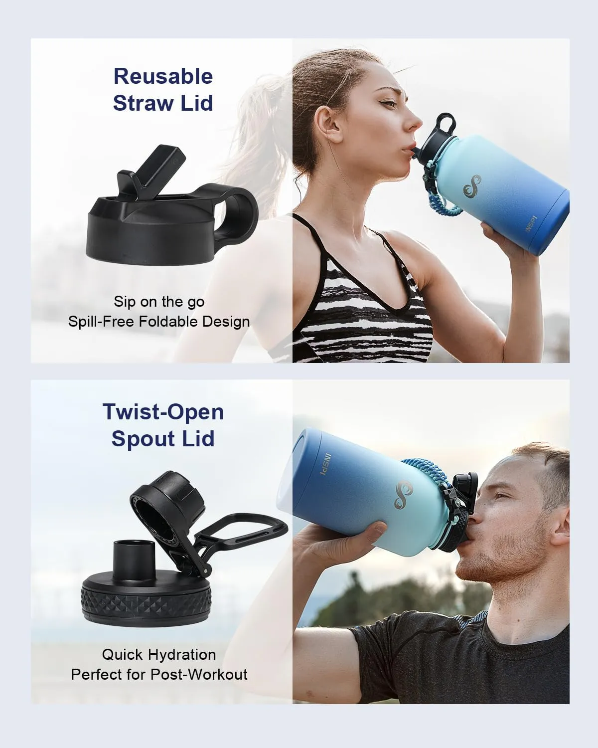 INSPI 64 oz Insulated Water Bottle,1/2 Gallon Water Flask Stainless Steel Vacuum, Large Jug Keep Cold for 48 Hrs,BPA-Free & Leakproof -with Paracord Handle,Strap,Straw Spout Lids for Gym Sports