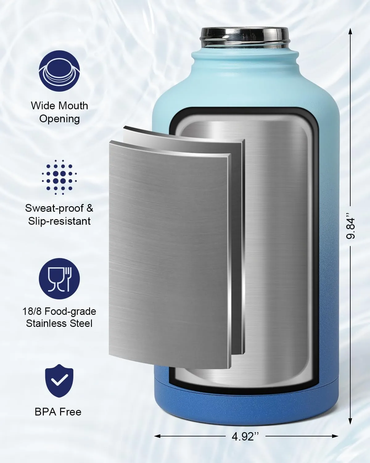 INSPI 64 oz Insulated Water Bottle,1/2 Gallon Water Flask Stainless Steel Vacuum, Large Jug Keep Cold for 48 Hrs,BPA-Free & Leakproof -with Paracord Handle,Strap,Straw Spout Lids for Gym Sports