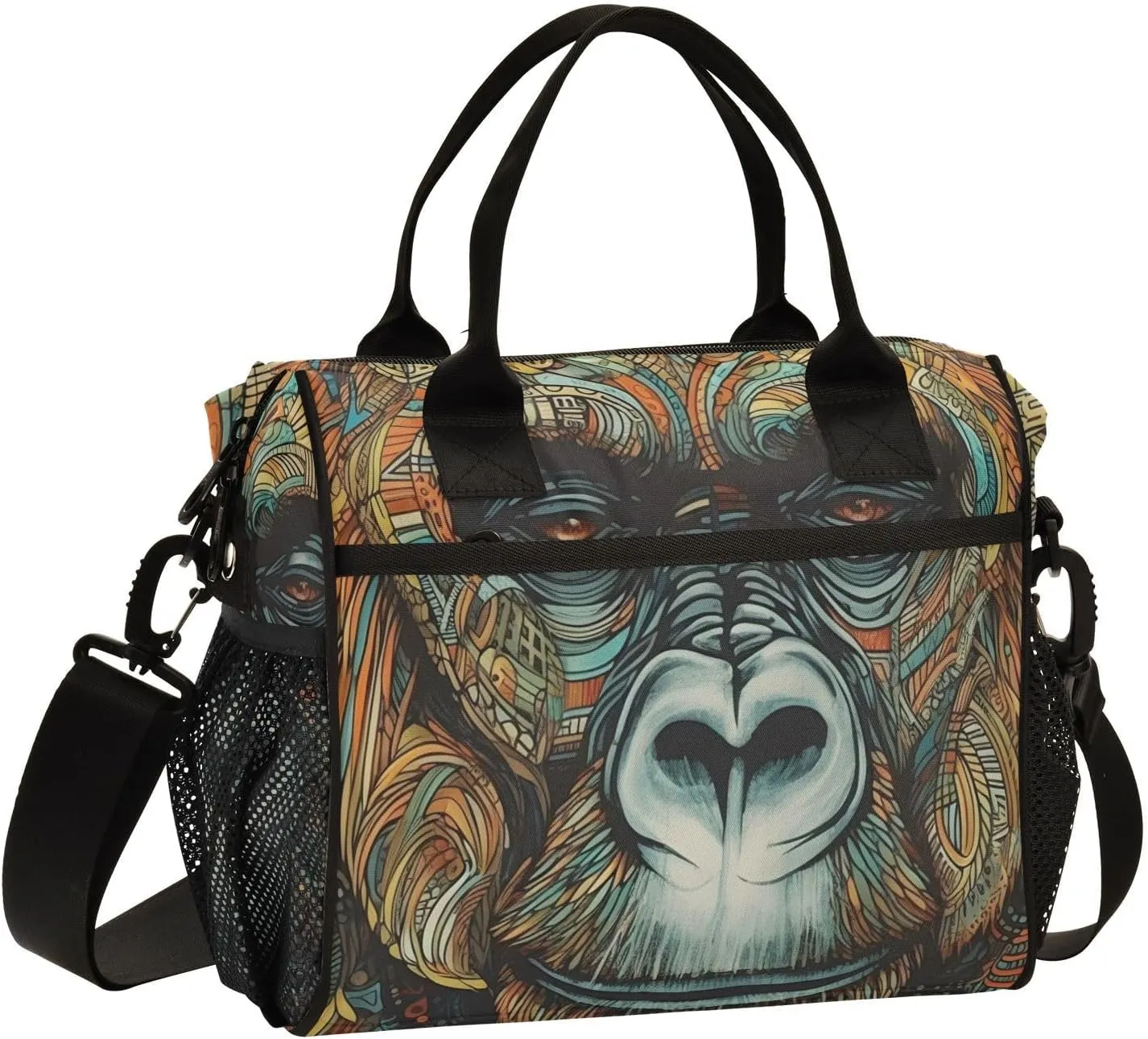 Insulated Lunch Bag Portrait Gorilla Tribal Print for Women Men Spacious Interior Leakproof Thermal Lunch Box Cooler Bag for Office, Outdoor, Travel Small