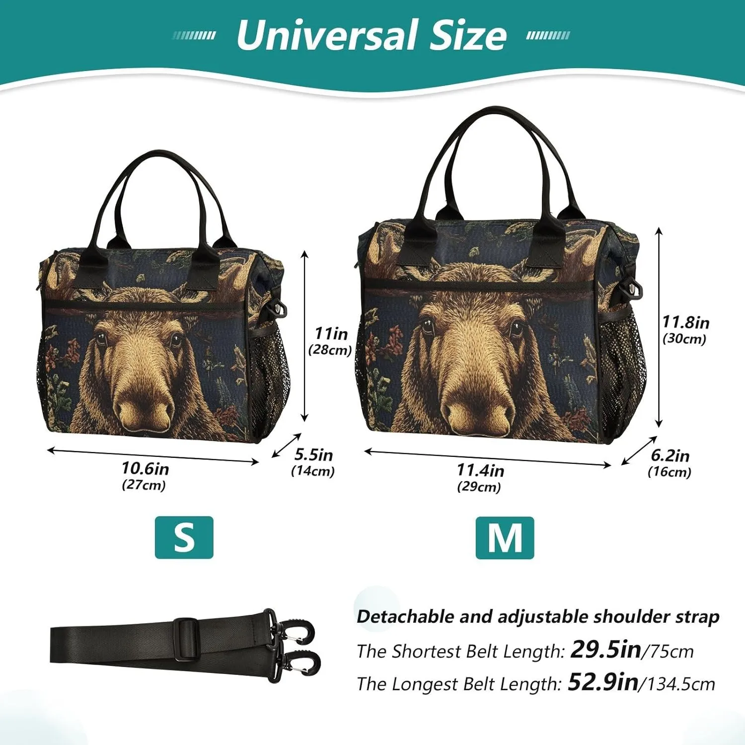 Insulated Lunch Bag-Portrait Moose 16 Can with Adjustable Strap, Aluminum Foil Interior Thermal Meal Tote for Work Travel Outdoor-Medium