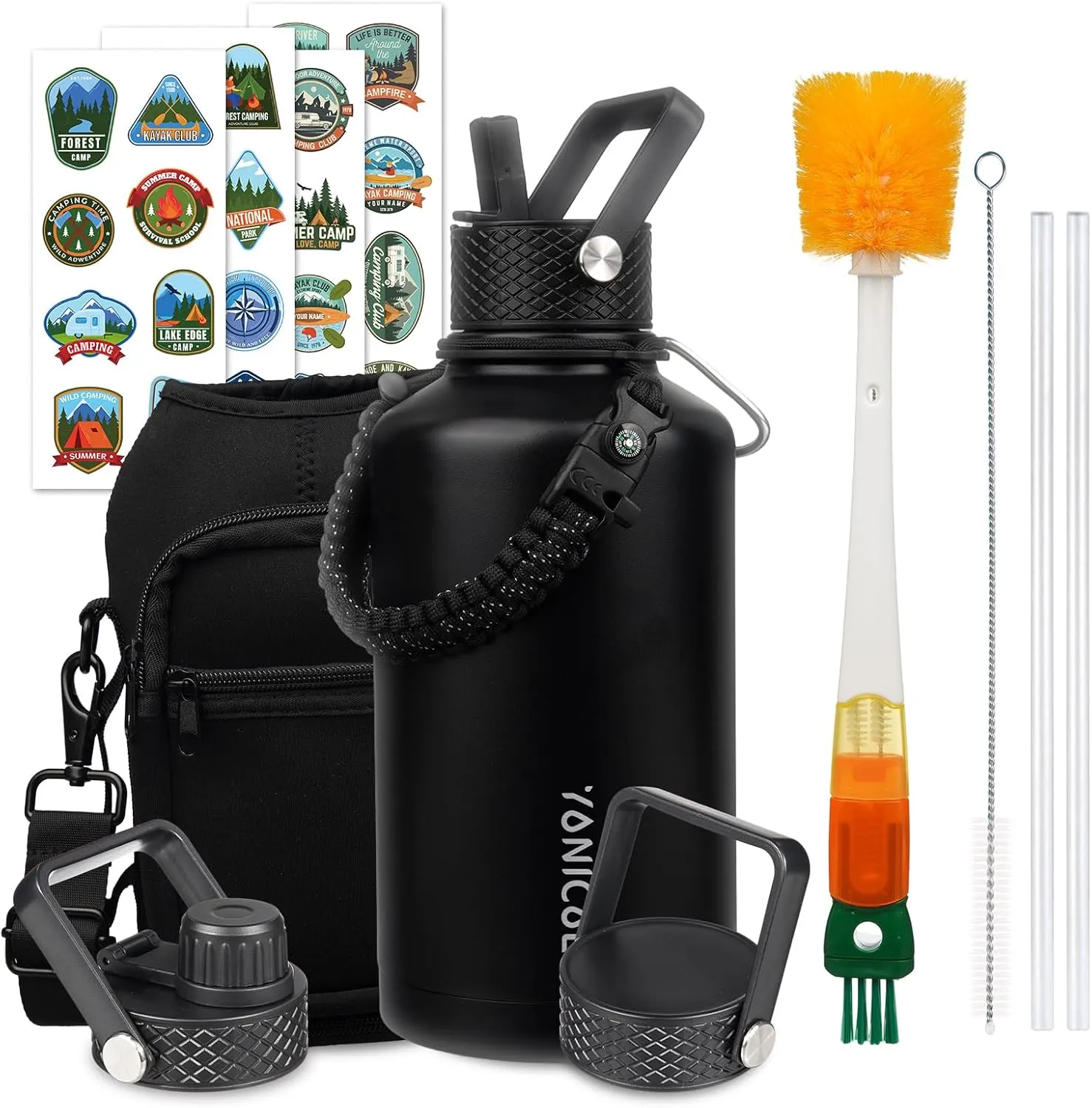 Insulated Water Bottle 64oz,Triple Wall Vacuum Stainless Steel(Dishwasher Safe),Leak Proof & Non-BPA,Flask Jug with Paracord Handle & Straw Spout Lids Sports Black