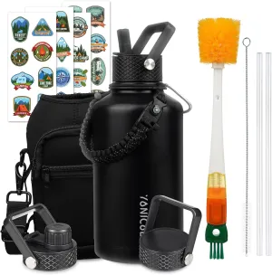Insulated Water Bottle 64oz,Triple Wall Vacuum Stainless Steel(Dishwasher Safe),Leak Proof & Non-BPA,Flask Jug with Paracord Handle & Straw Spout Lids Sports Black