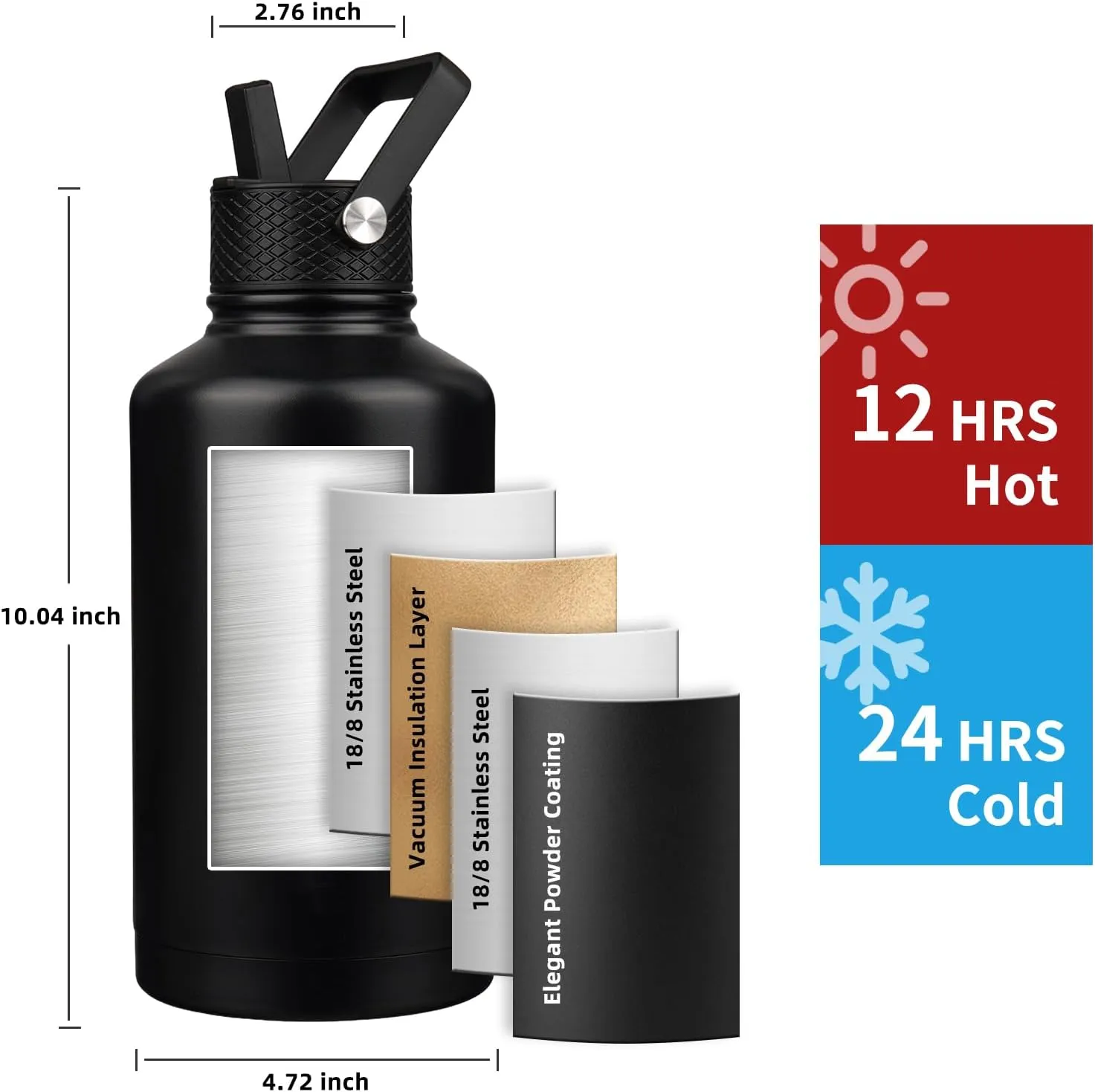 Insulated Water Bottle 64oz,Triple Wall Vacuum Stainless Steel(Dishwasher Safe),Leak Proof & Non-BPA,Flask Jug with Paracord Handle & Straw Spout Lids Sports Black